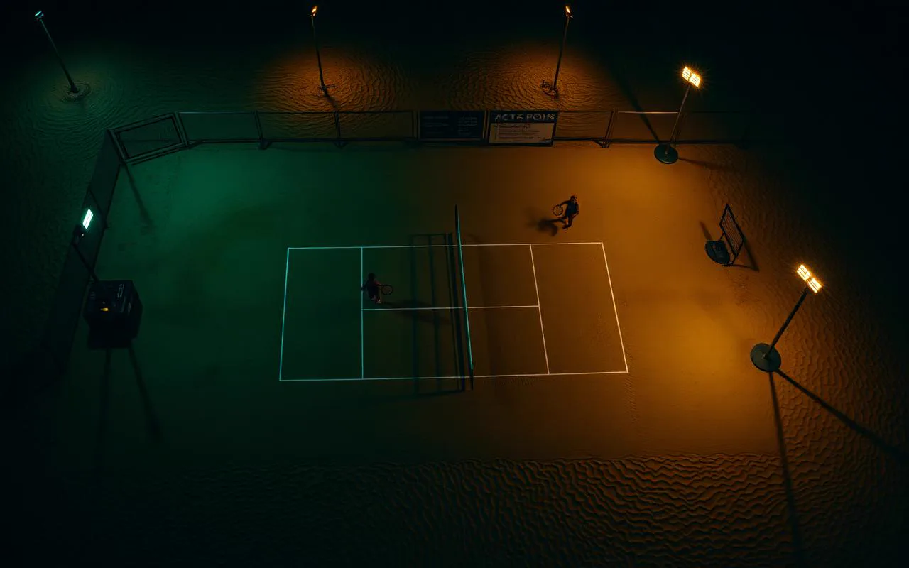 Quadra de beach tennis iluminada à noite